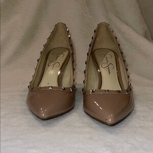 Women's Nude Patent Leather Studded Pumps
